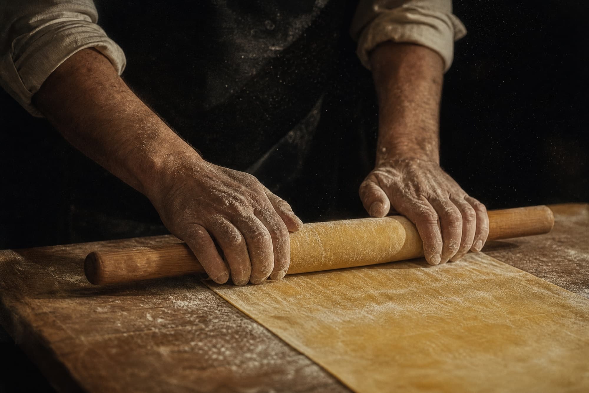 Floured hands rolling a thin sheet of egg pasta dough across a worn wooden board.