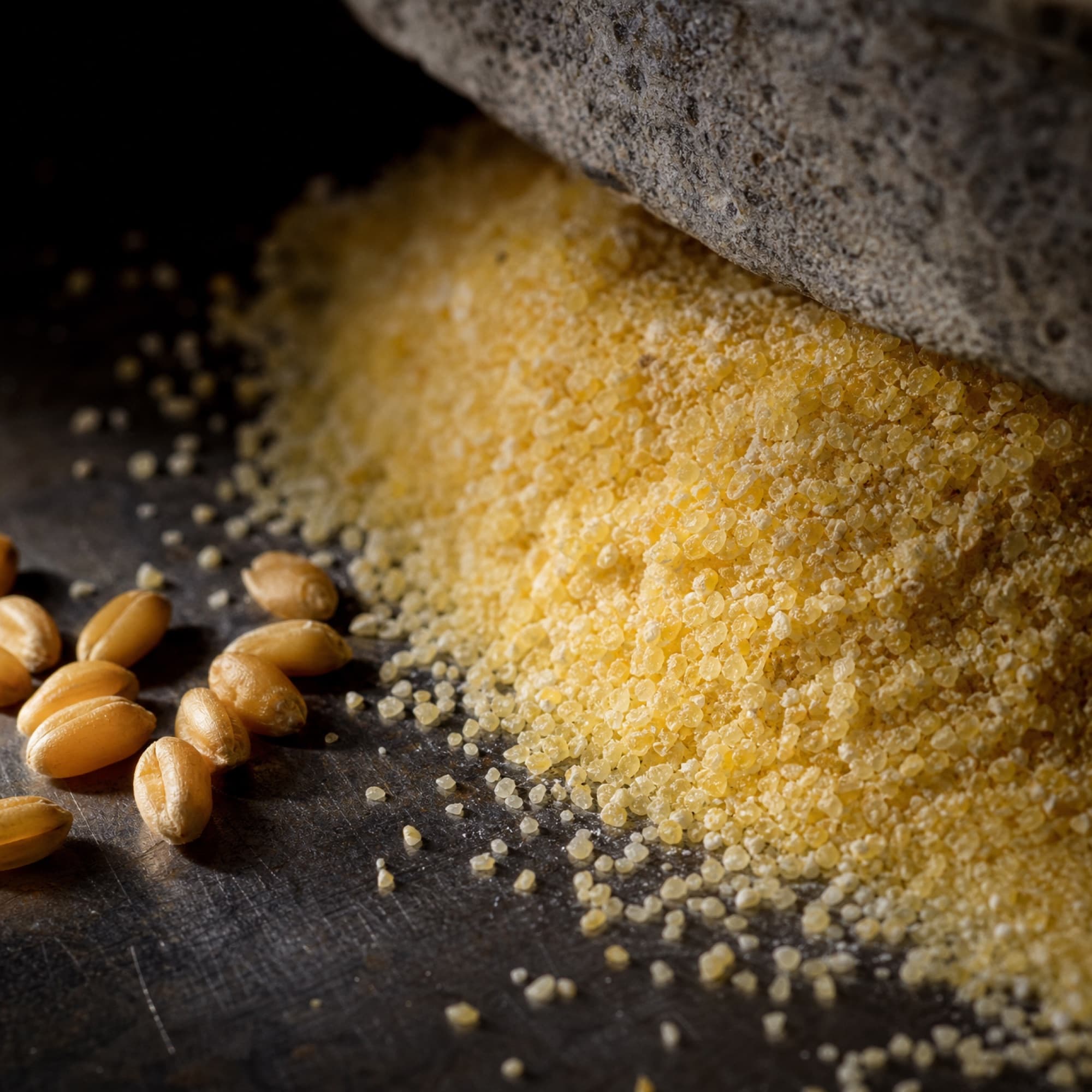 Coarse golden durum semolina freshly milled, spilling onto dark steel.
