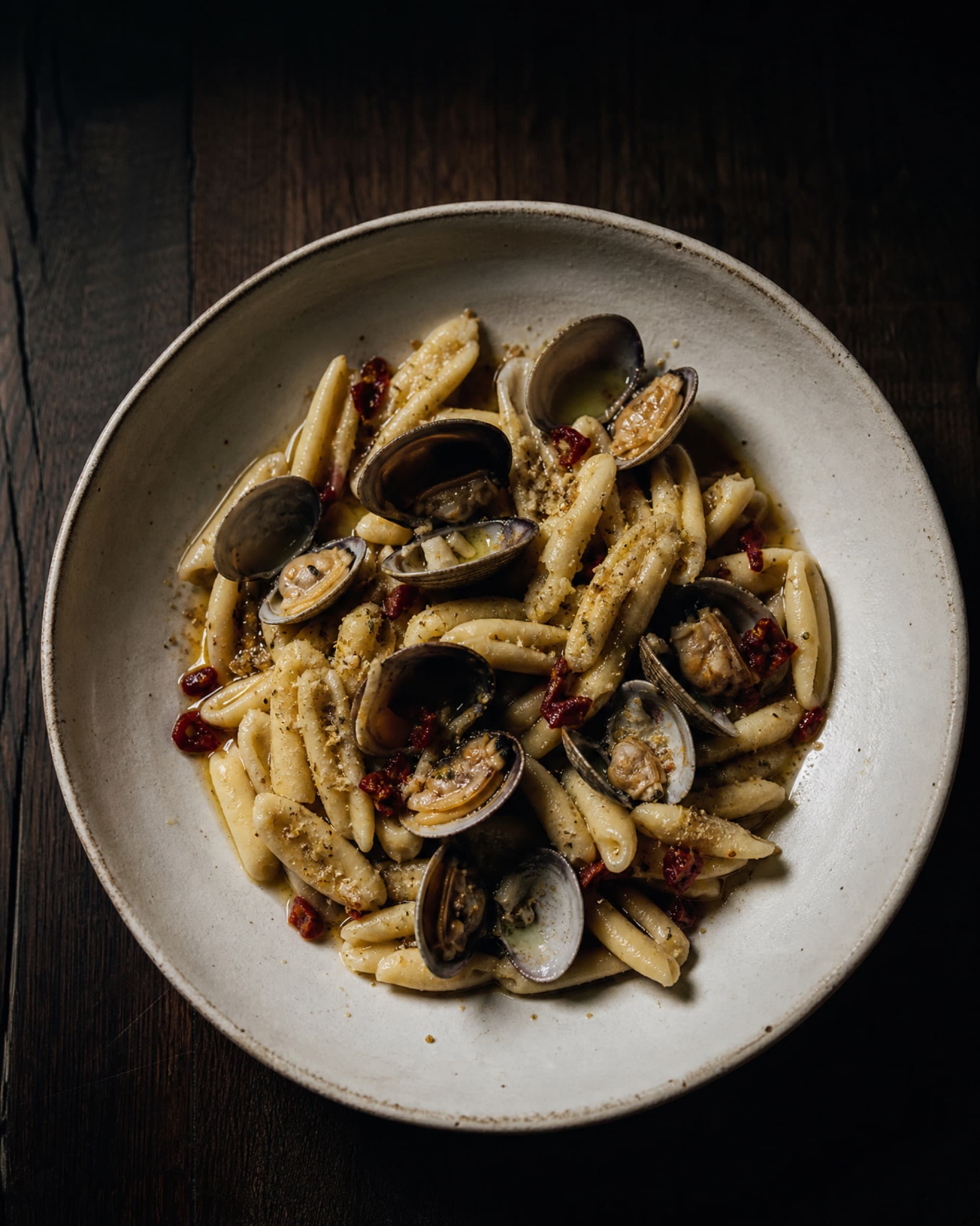 Semolina cavatelli with clams and nduja in a shallow bone white bowl.