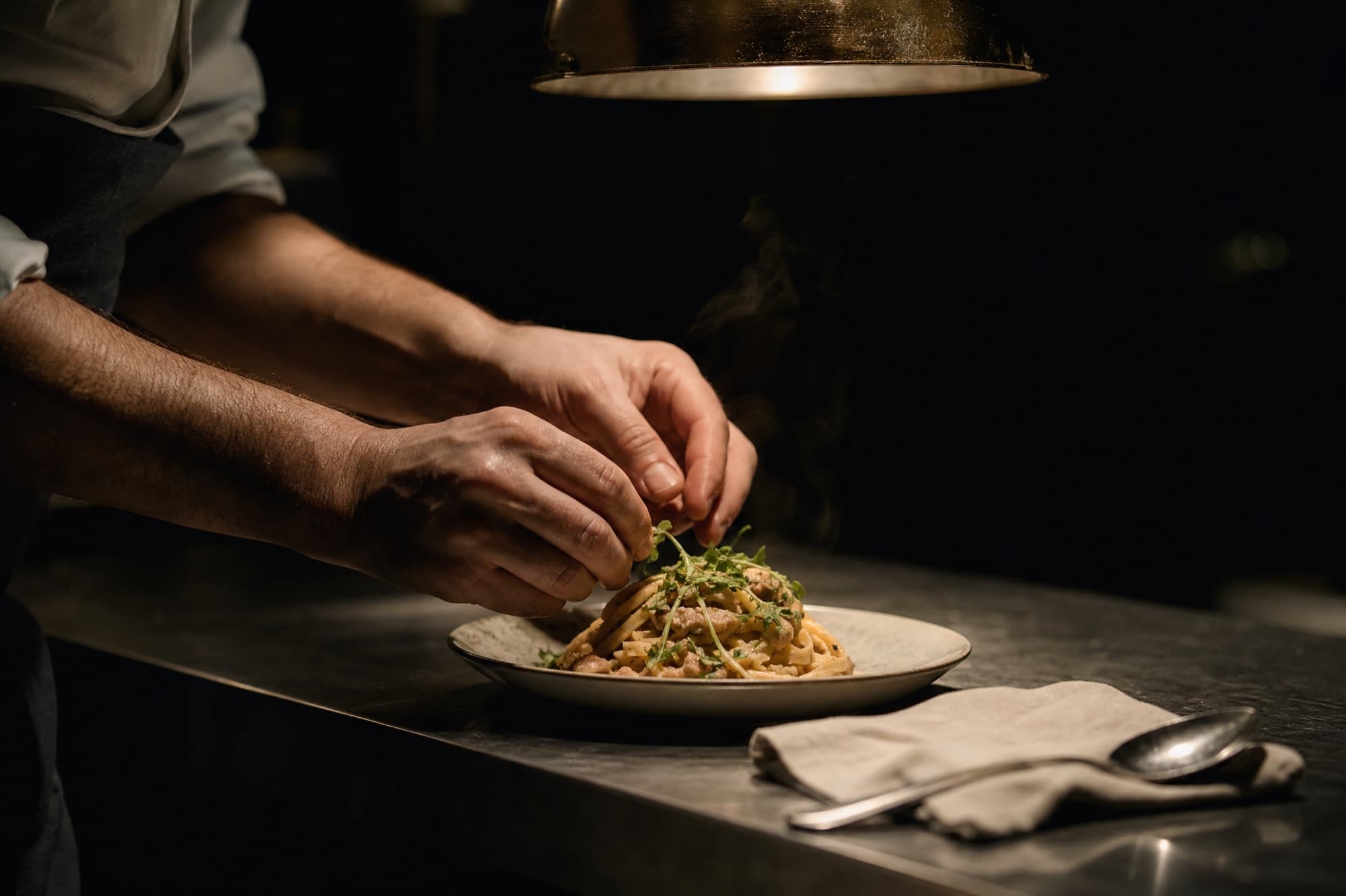 A cook's hands finishing a plate of pasta at the steel pass under a single warm lamp.